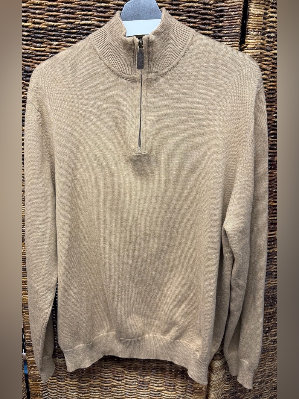 Eddie Bauer Men's Zip Mock Neck Sweater - Tan, Cotton/Cashmere blend- Large
